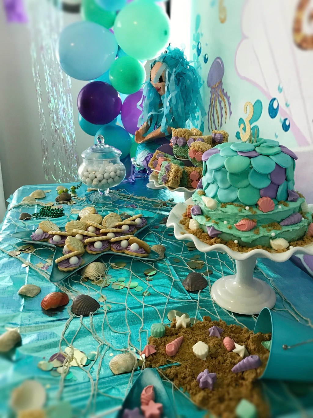 Mermaid 3rd Birthday Party Table with Cake and Desserts - Land of Lloyds