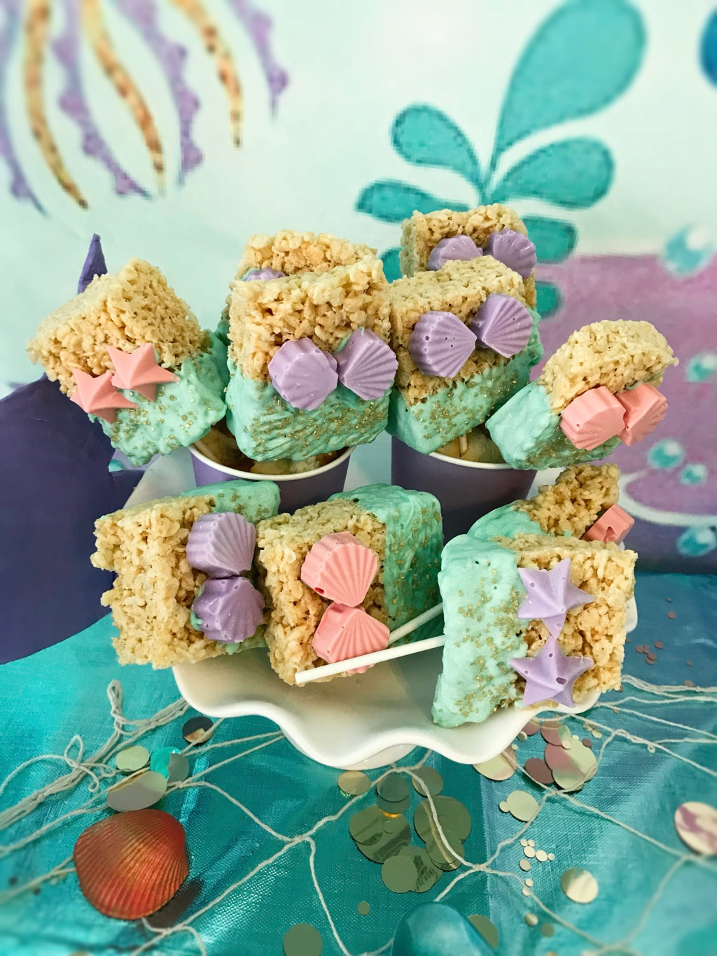 Chocolate-covered Mermaid Rice Krispies Treats for Mermaid Birthday Party - Land of Lloyds