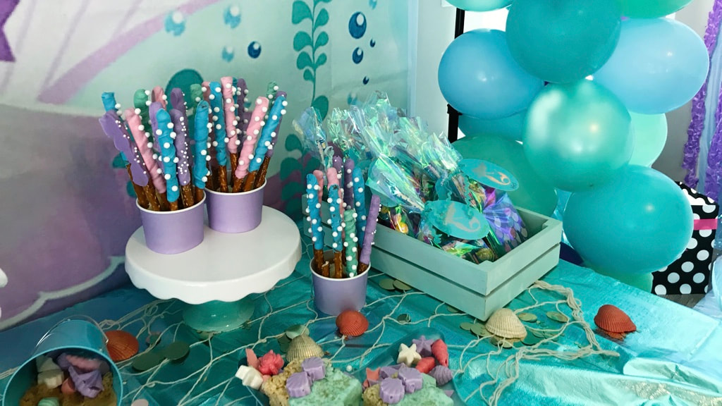 Under the Sea Oceanic Dessert Table Chocolate Covered Pretzel Sticks for Mermaid Birthday Party - Land of Lloyds