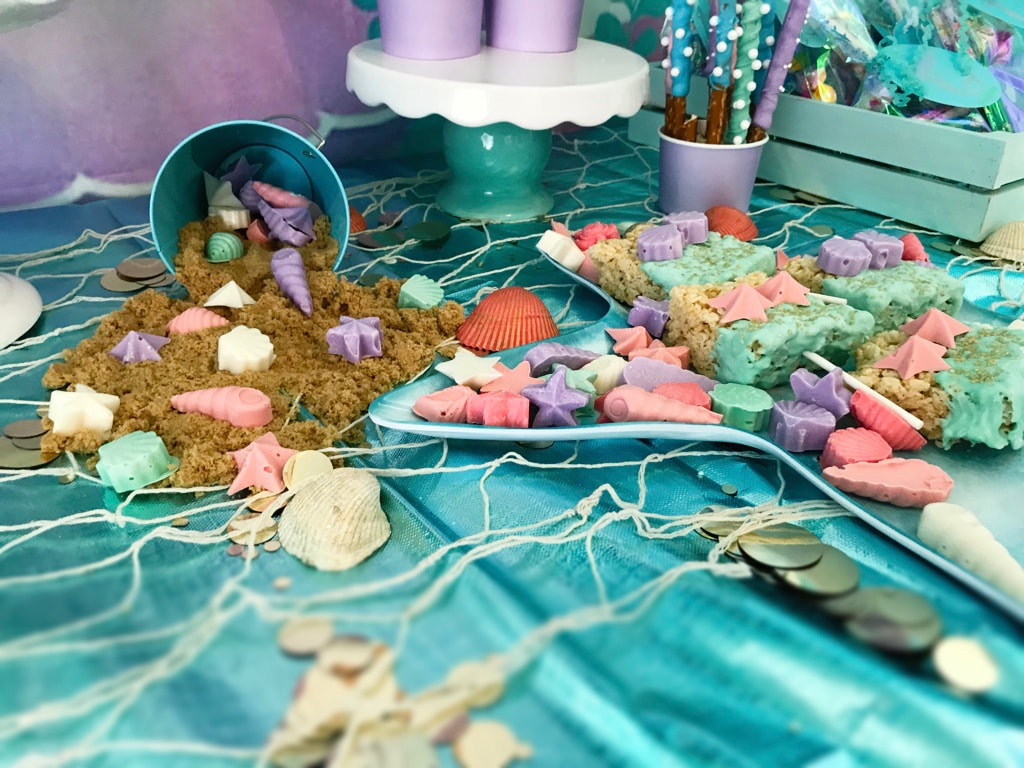 Mermaid Birthday Party Sweets and Treats Dessert Table with Fishnet and Confetti Decorations - Land of Lloyds